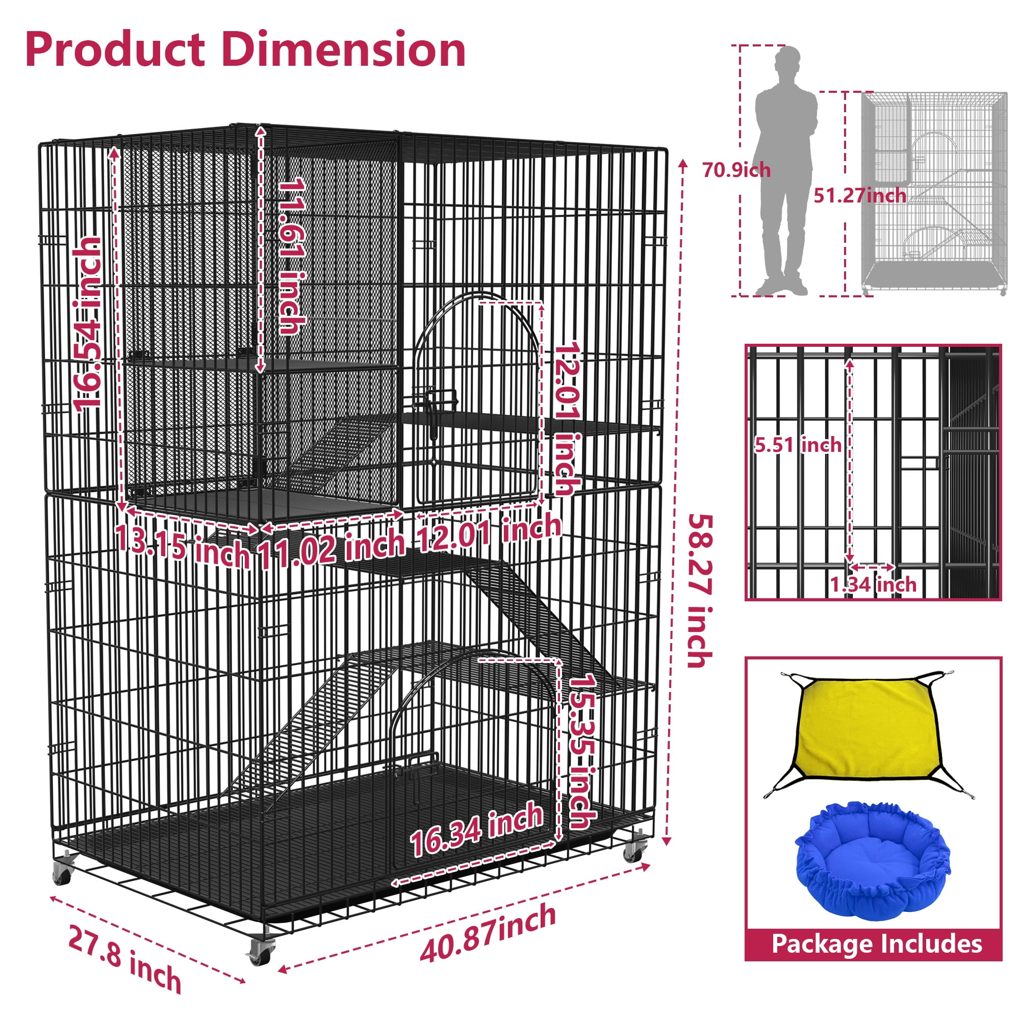 Jhsomdr 4-Tier Large Cat Cage Indoor Cat Enclosures with Storage Cube 58"H Collapsible Metal Cat Playpen Ferret Cage Outdoor Cat Kennel with 2 Doors