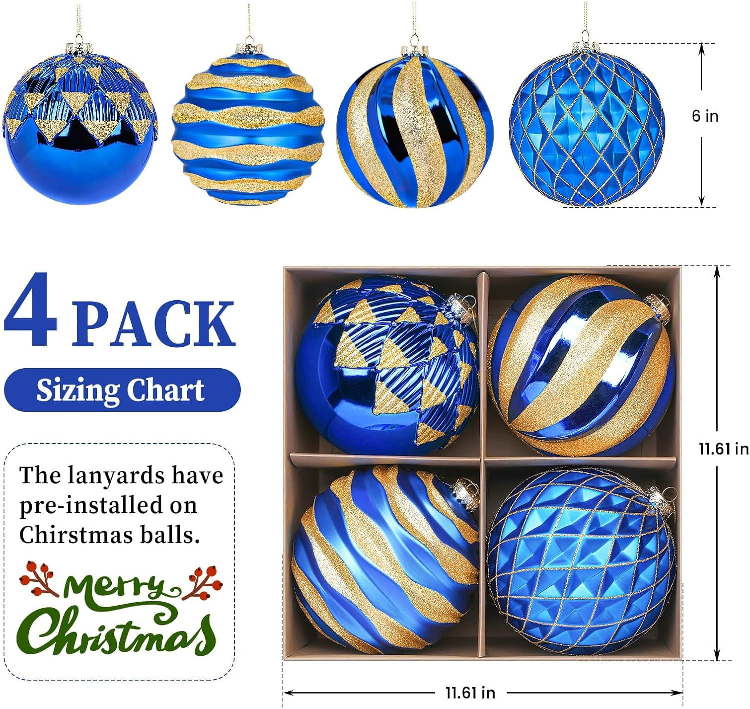 6"/150mm Large Christmas Ball Ornaments, 4Pcs Christmas Tree Decor, Shatterproof Hanging Decorations with Hooks, White & Silver Baubles for Xmas Tree, Wedding, Holiday and Party Decor