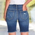 thumbnail image 4 of Classic Cuffed Denim Bermuda Shorts with Distressed Wash Women Jean Shorts Ripped Casual Summer Mid Waist Stretchy Five Points Denim Jean Shorts Blue L, 4 of 5
