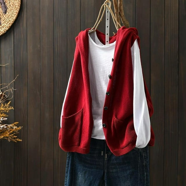 Leodye Tricot pour Femmes Sans Manches à Capuche Cardigan Boutonné Ample Long Col en V Poches Haut Rouge 8(L)