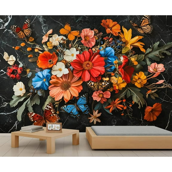 Colorful Flowers Custom Wallpaper Vintage Butterfly Wall Murals Living Room Bedroom Background Abstract Black Marble 3D Wall Mural Home Decor 55"W x 28"H (Not Peel and Stick)