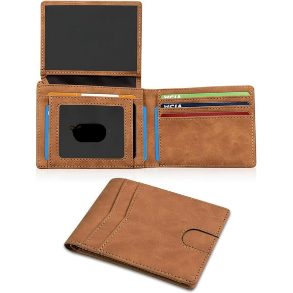 Men's Ultra Thin Wallet Leather RFID Blocking Bifold Stylish Wallet with Slim Minimalist Front Pocket 2 ID Windows (Brown)