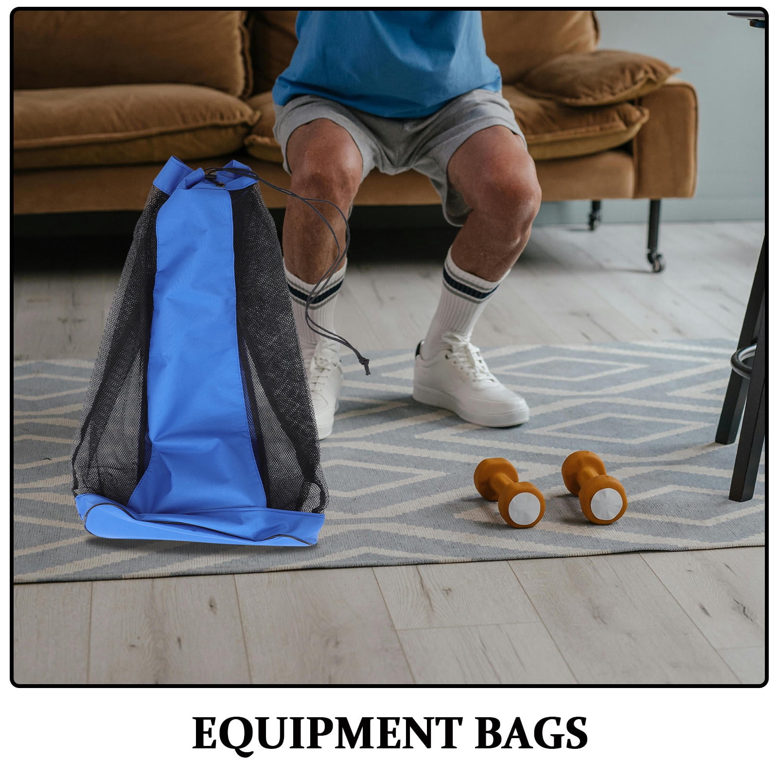 DEEPCRAFF Blue Mesh Drawstring Basketball Bag Lightweight Sports Storage Sack with Single Shoulder Strap