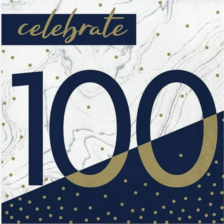 192 Count Bulk Pack Navy and Gold 100th Birthday Luncheon Napkins