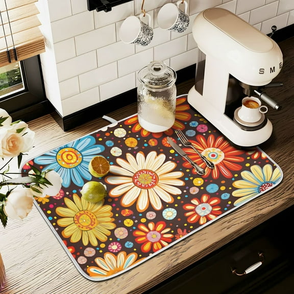 Yayeee Dish Drying Mat for Kitchen Counter 16" x 18" Microfiber Super Absorbent Coffee Decorative Pad, Blooming Flowers