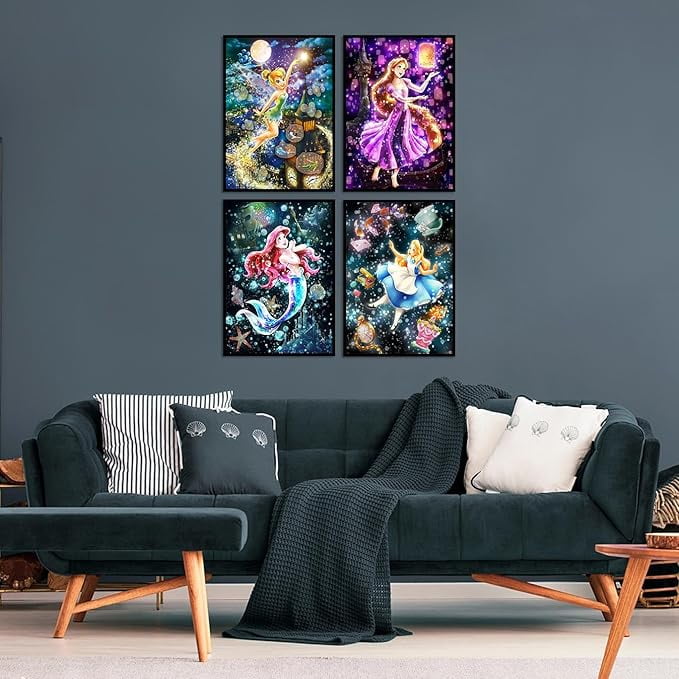4 Pack Diamond Painting Kits for Adults, 5D Princess Diamond Art for Beginners, Full Drill Gem Dots for Home Wall Decor 12x16inch