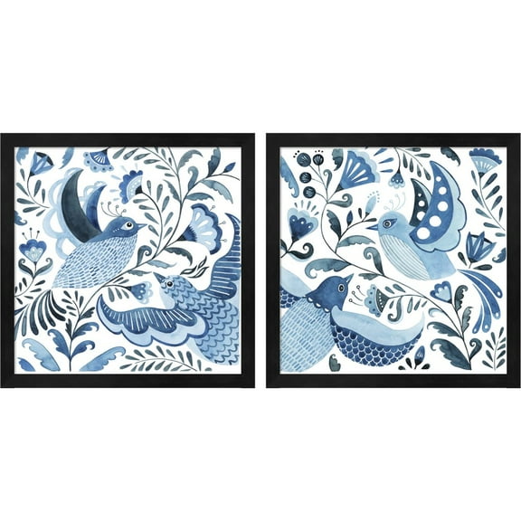 Great Art Now Blue Bird Folk by Grace Popp, 2 Piece Framed Art Set Each 13"W x 13"H
