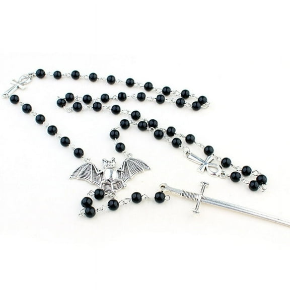 Ankh Cross Bat Pendant Necklace Goth Long Rosary Beaded Necklace Jewelry Y2k Punk Sweater Chain Necklace