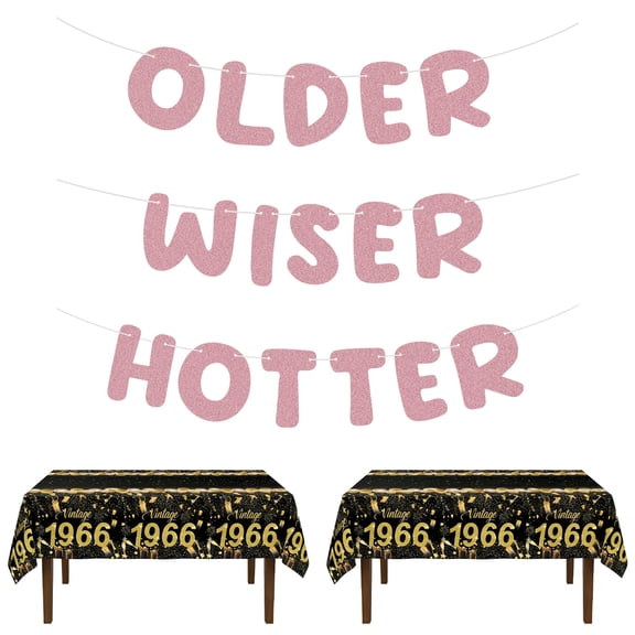 OLDER WISER HOTTER Birthday Decor Set - Premium Tablecloth & 3 Glitter Banner Kit, Funny 60th Party Supplies for Women & Men (Pink)