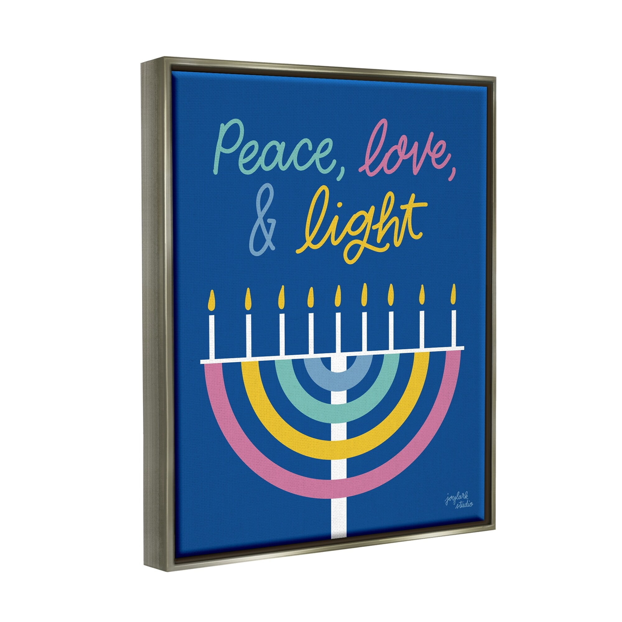 Stupell Industries Peace Love & Light Casual Holiday Hanukkah Menorah Graphic Art Luster Gray Floating Framed Canvas Print Wall Art, Design by Jess Baskin