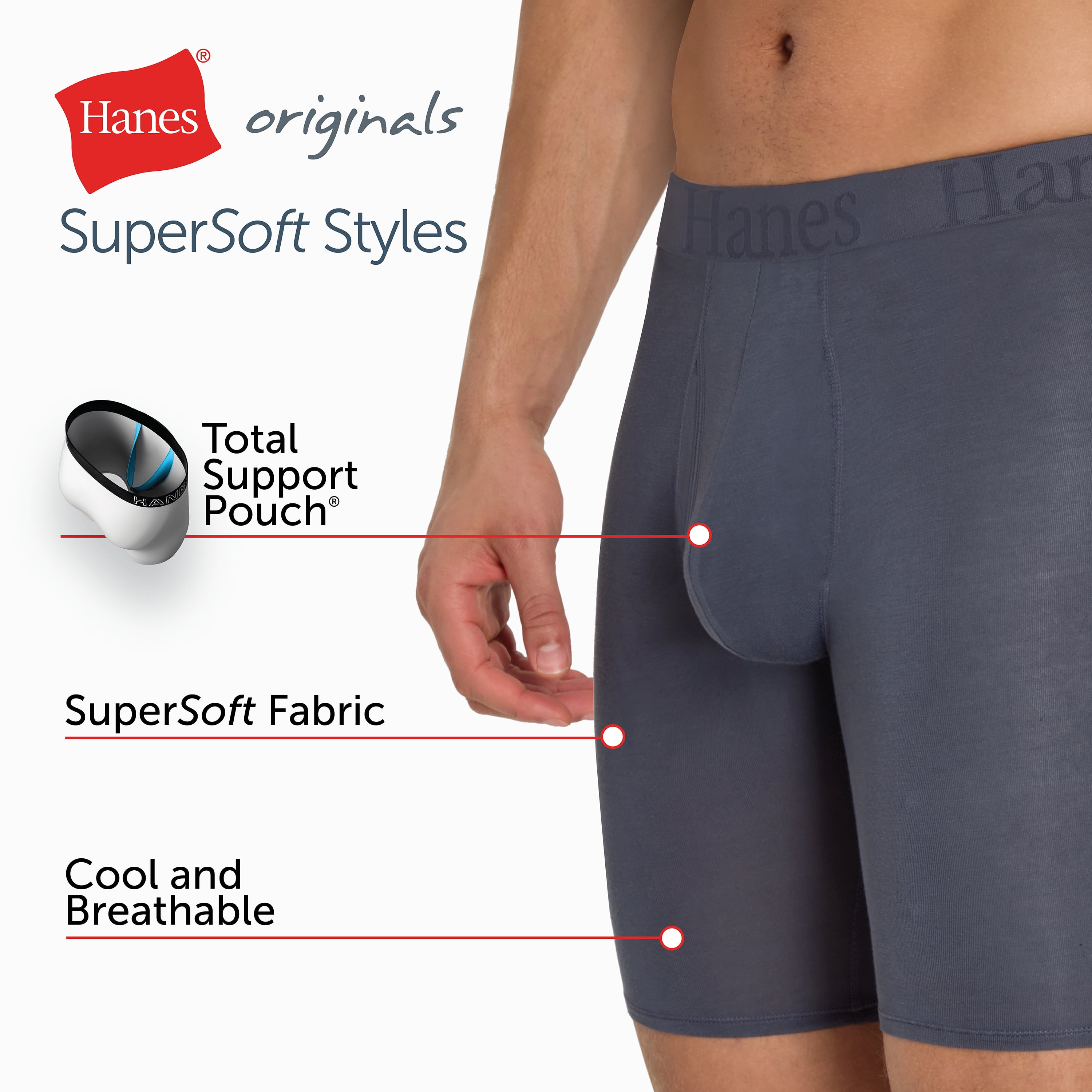 Hanes Originals Men's SuperSoft Boxer Brief Underwear Pack, Longer Leg, Total Support Pouch, Assorted, 3-Pack