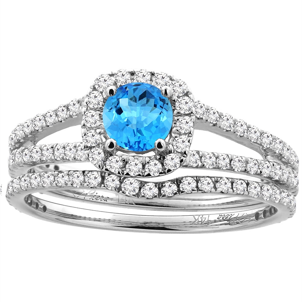14K White Gold Diamond Halo Natural Swiss Blue Topaz 2pc Engagement Ring Set Round 5 mm, size 5.5 by Gabriella Gold
