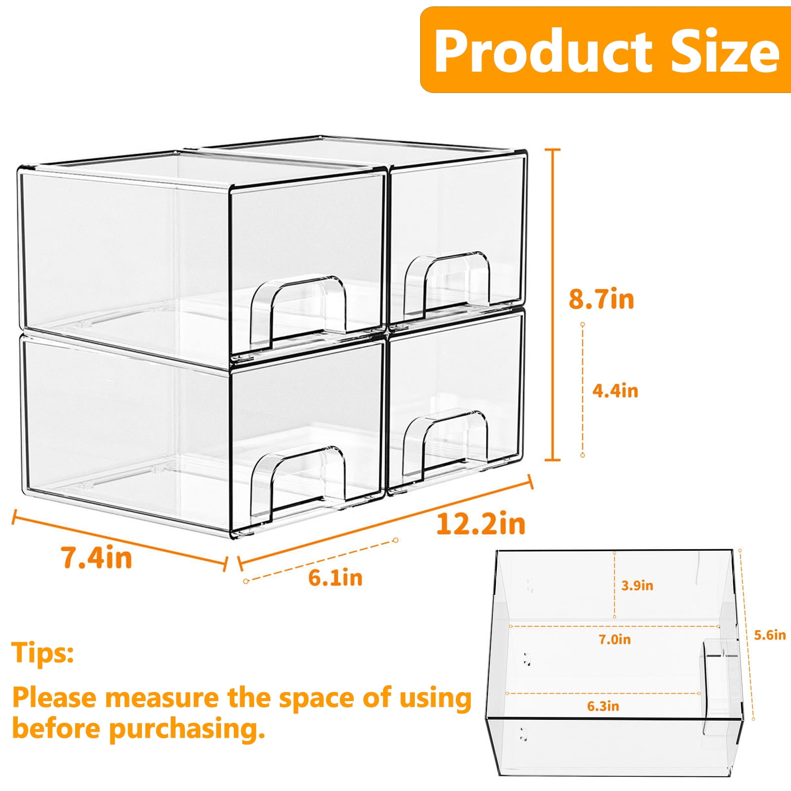 Kisportee 4 Pack Stackable Makeup Storage Drawers, 4.4'' Tall Clear Bathroom Makeup Cosmetics Organizer, Plastic Storage Bins for Vanity, Undersink, Kitchen Organization