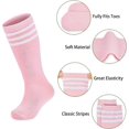 thumbnail image 4 of Kids Three Stripes High Knee Cotton Socks Thigh Tights Athletic Soccer Unisex Socks 3 Pairs Pink White, 4 of 7