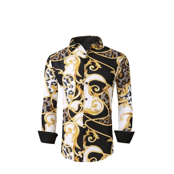 Mens PREMIERE Long Sleeve Button Down Dress Shirt White Black Gold Leaf Abstract