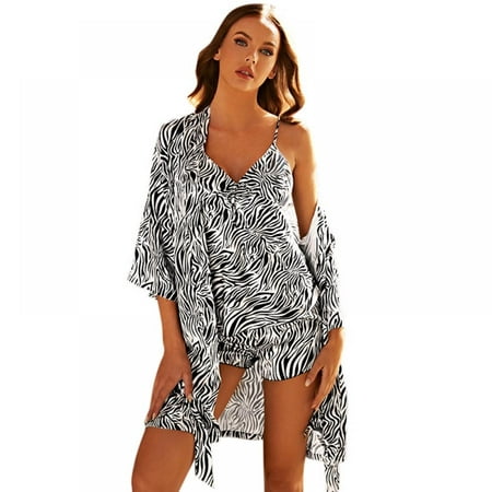 

Women Pajama Set Stripe Printed Silk Satin Chemise Sleeveless Camisole Sleepwear Shorts And Bathrobe Nightgown Three-piece Sets S-XL