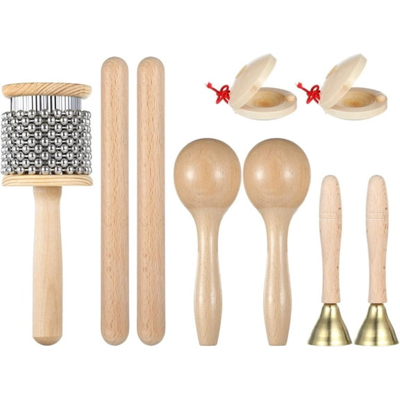 Liho 9 Pcs Musical Instruments Set, Wooden Hand Percussion Instruments, Including Wooden Cabasa, Rhythm Sticks, Maracas, Castanets, and Handle Bells A605