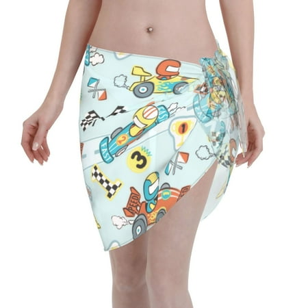 Qekee Cartoon Car Racing Women s Short Sarongs Cover Ups Sheer Bikini Wraps for Swimwear