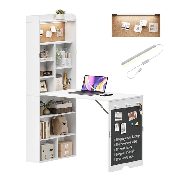 Advwin Wall Mounted Folding Murphy Desk with LED Light & Corkboard, Fold-Out Convertible Writing Table with Shelves & Magnetic Blackboard, Space-Saving Desk for Small Spaces & Home Office, White