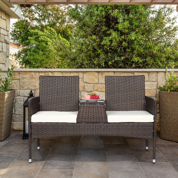 UBesGoo Patio Rattan Loveseat Table Chairs Chat Set with Waterproof Cushion, Outdoor Furniture, Wicker Conversation Set