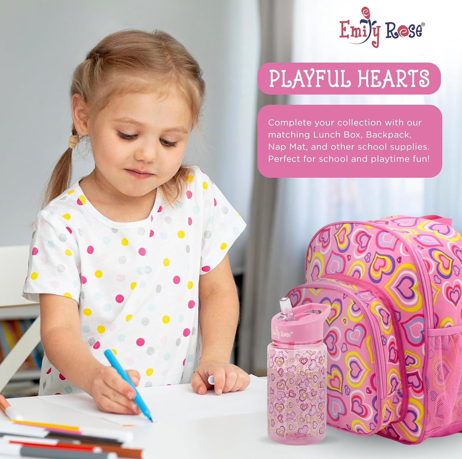Emily Rose Playful Hearts Girls Heart 3-Piece Reusable Lunch Box, Backpack, and Water Bottle Set
