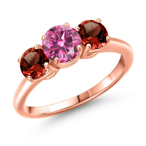 Gem Stone King 18K Rose Gold Plated Silver Pink Moissanite and Red Garnet Engagement Ring for Women | 1.90 Cttw | Round 6MM | Gemstone Birthstone | Size 9