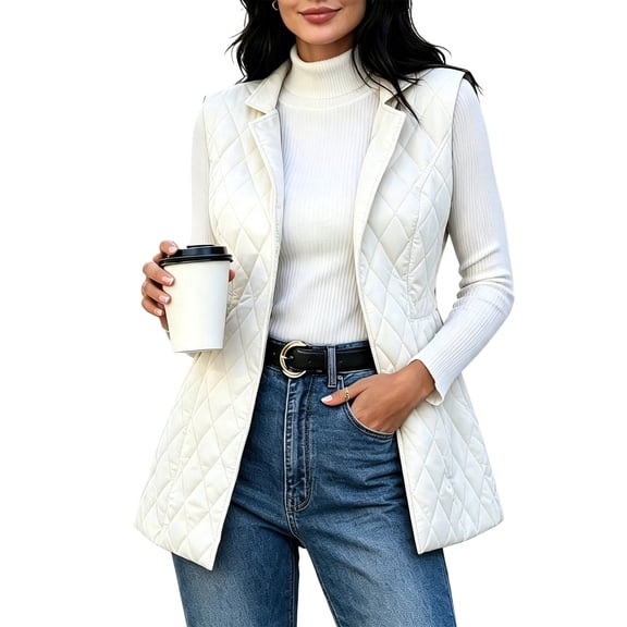 Yutgune Women's Long Quilted Vest Lapel Collar Sleeveless Jacket Casual Fall Outerwear