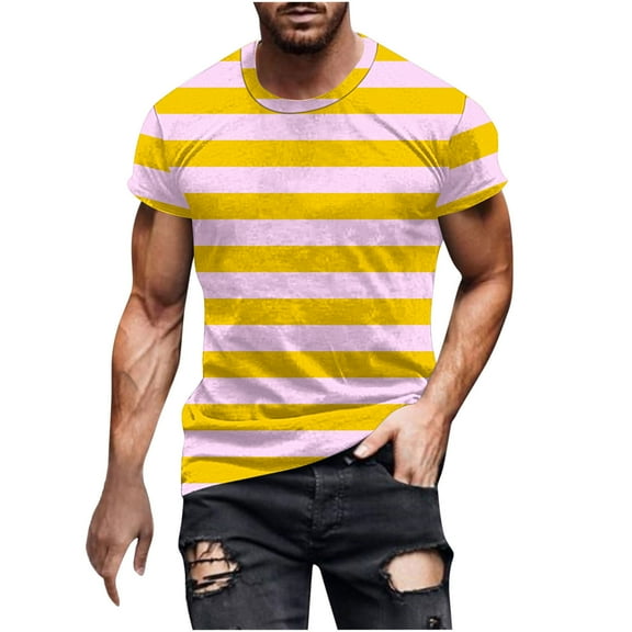 ZCFZJW Mens Fashion Summer T-Shirts Casual Striped Print Short Sleeve Round Neck Graphic Tees Shirt Tops Trendy Holiday Vacation Basic Workout Tshirts Yellow XL