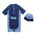 thumbnail image 2 of Kid Boys Chic Animals Printed One-Piece Rash Guard with Sun Hat 2pcs Swimsuit Pool Swimwear Beach Bathing Suit (Blue Wheel, 6), 2 of 4