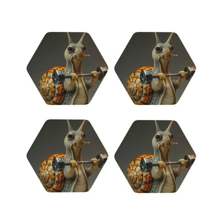 

Fuzoiu Surreal Weightlifting Snail Print Leather Coasters Set Drink Coasters Set of 4 for Tabletop Protection Durable PVC Coasters Home Décor and Housewarming Gift-Hexagon