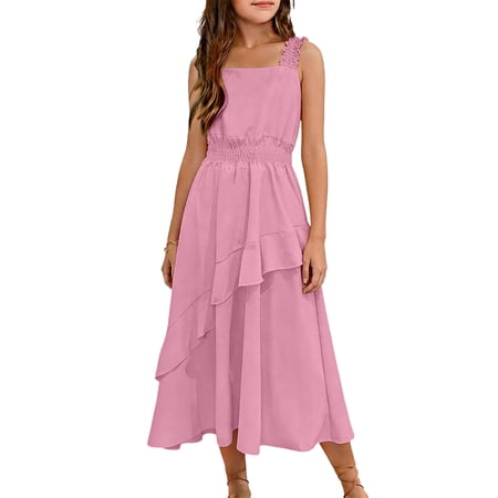 Efsteb Girls Square Neck Tiered Midi Dress Kids Sleeveless Smocked Waist Ruffle Hem Casual Sundress for Summer and Vacation (Pink 3-4 Years)