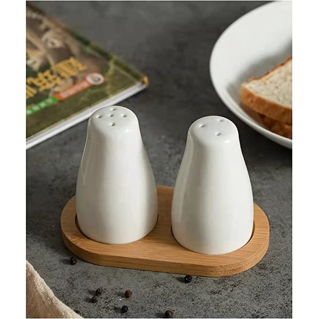 Salt and Pepper Shakers Set with a Bamboo Tray Ceramic Salt Shaker White Salt and Pepper Shaker Simplicity Salt and Pepper Set
