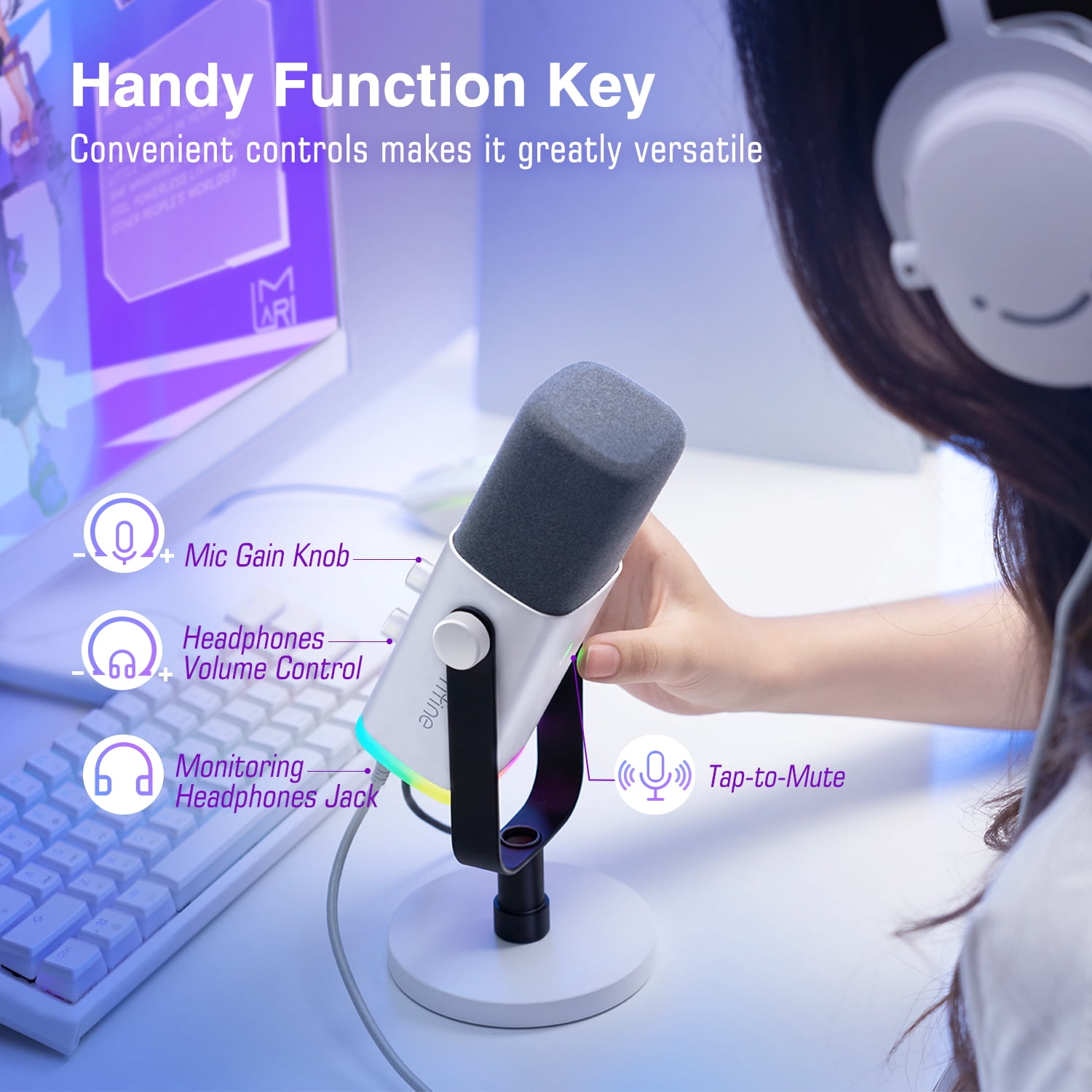FIFINE AM8 XLR USB Dynamic Microphone for Computer PC PS5, Gaming/Streaming Mic with RGB, Headphone Jack, Mute, Gain Knob for Podcast, Music Recording, White