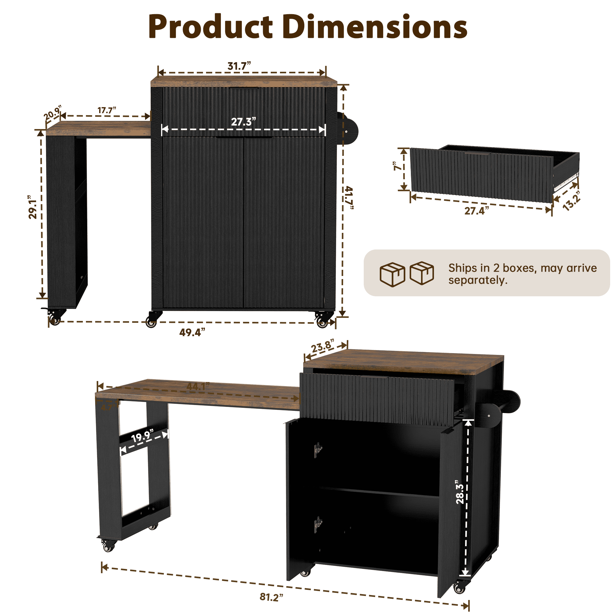 FOOWIN Kitchen Island with Extendable Dining Table, Mobile Island Table with Cabinets, Drawers, Power Outlets, Black