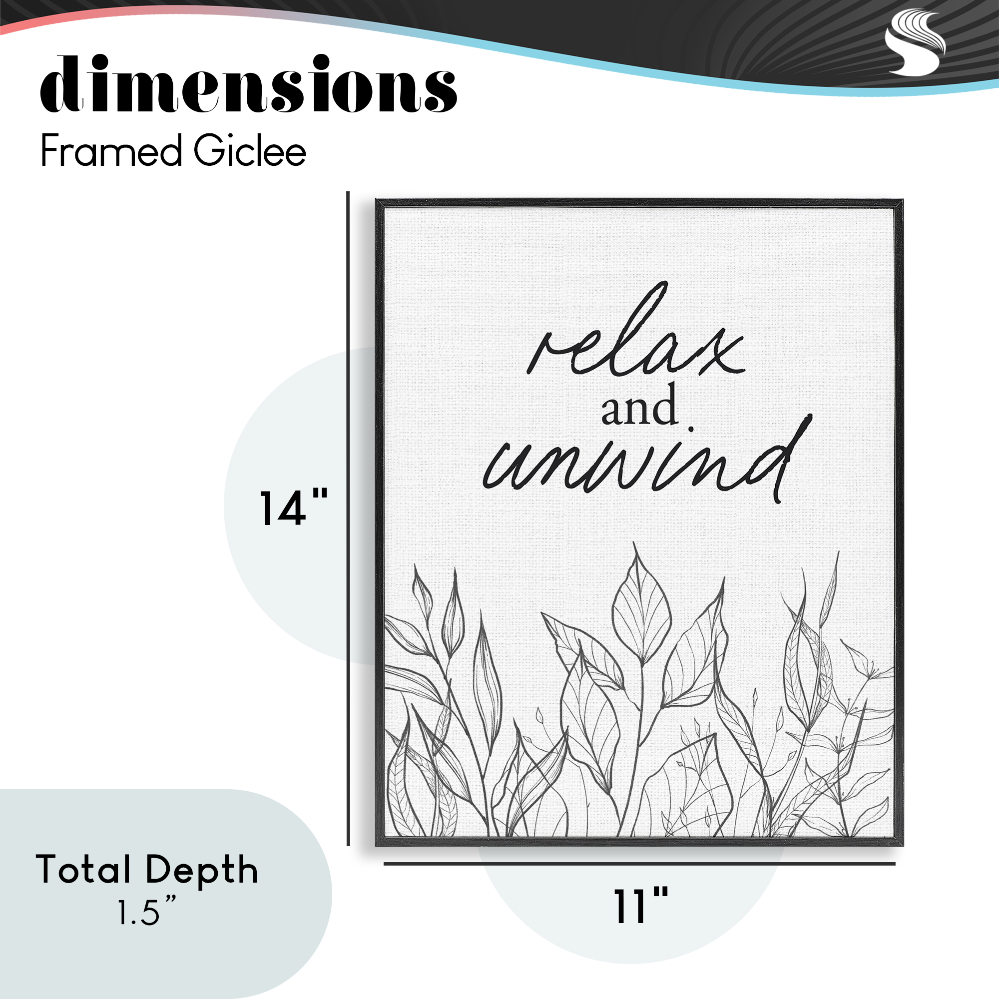 Relax Unwind Minimalist Leaves Black Framed Giclee Art, design by Lettered and Lined