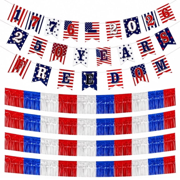 250th Anniversary Red White Blue Garland | Patriotic Bunting Banner & 40ft Foil Fringe Garland for 4th of July Mantel Fireplace Decor