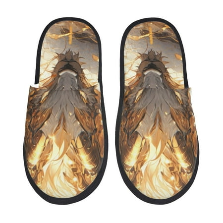 Balery Golden Horned White Dragon Slient Indoor Furry Fleece Comfort House Shoes Soft Non-Slip Home Shoes Cotton slippers House Slippers-- Large