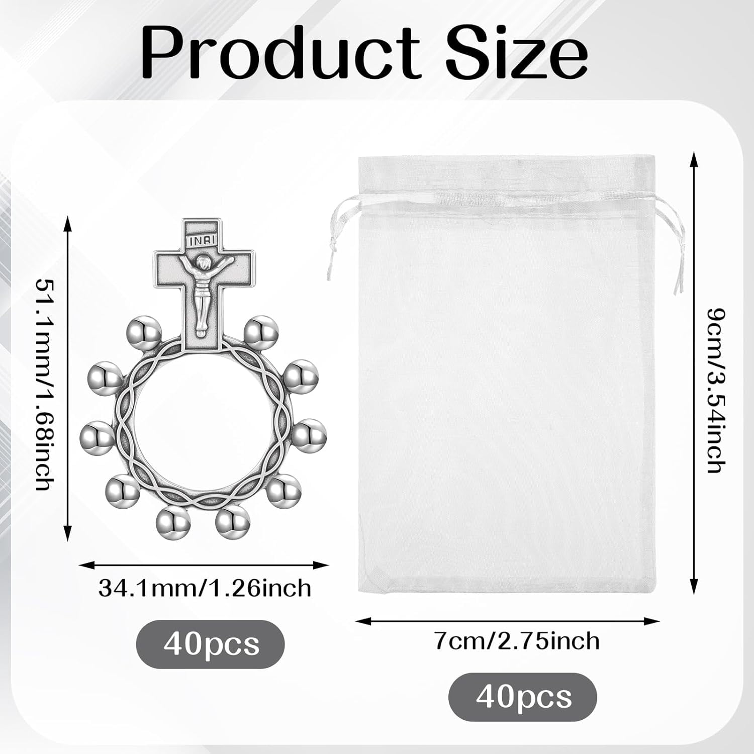 40 Set Finger Rosary Rings Bulk Silver Metal Rosary Rings Pocket Finger Rosaries Small Pocket Cross Prayer Catholic Rin-gs with Organza Bags for Baptism Favors Baby Shower Quinceanera Funeral
