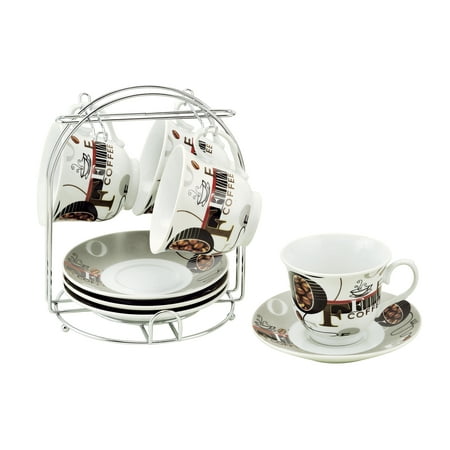 

Elegant Durable and Colorful Porcelain Tea Cup and Saucer Set with Metal Stand - Classic Bean 8 oz. Set of 4