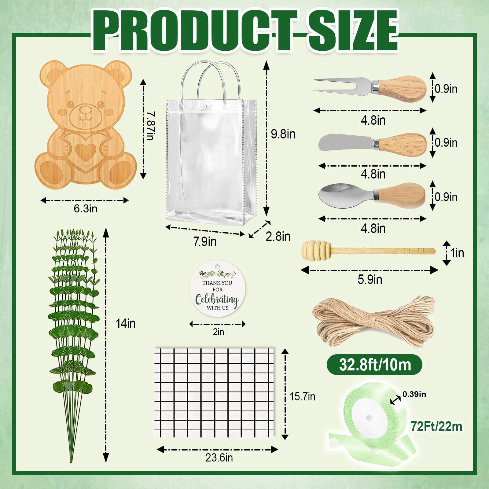 62 Pcs/6 Set Baby Shower Prizes for Game Winners, Bear Bamboo Cheese Board Gift for Guest with Knives Fork Spoon, Honey Sticks, Tablecloth, Eucalyptus Stem, Gift Bag, Bridal Shower Party Favors