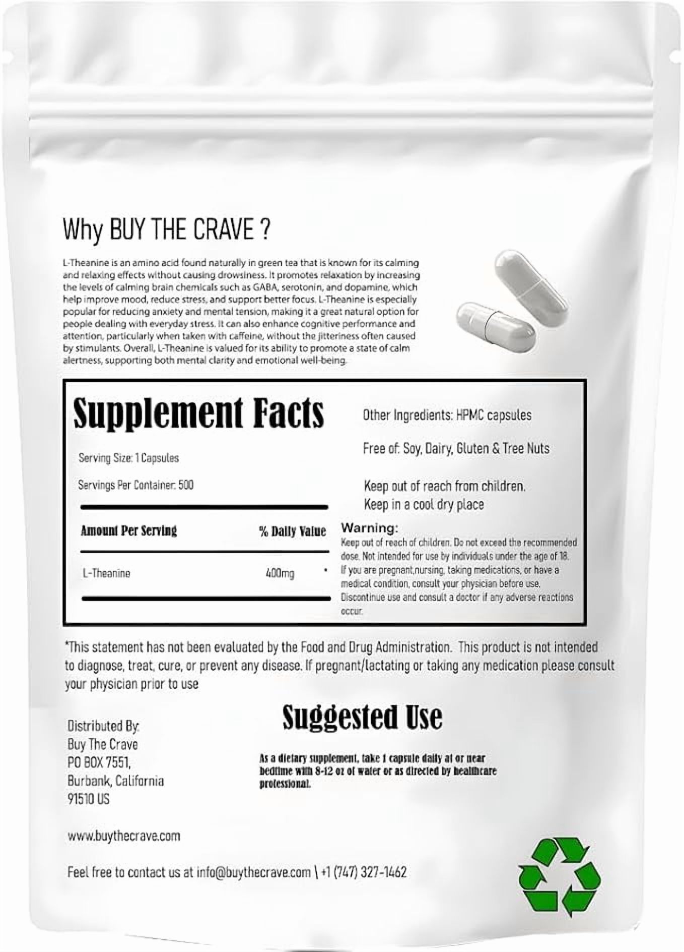 Buy The Crave L-Theanine 400mg Extra Strength – Double Strength Formula, Non-GMO & Gluten Free, 500 Capsules