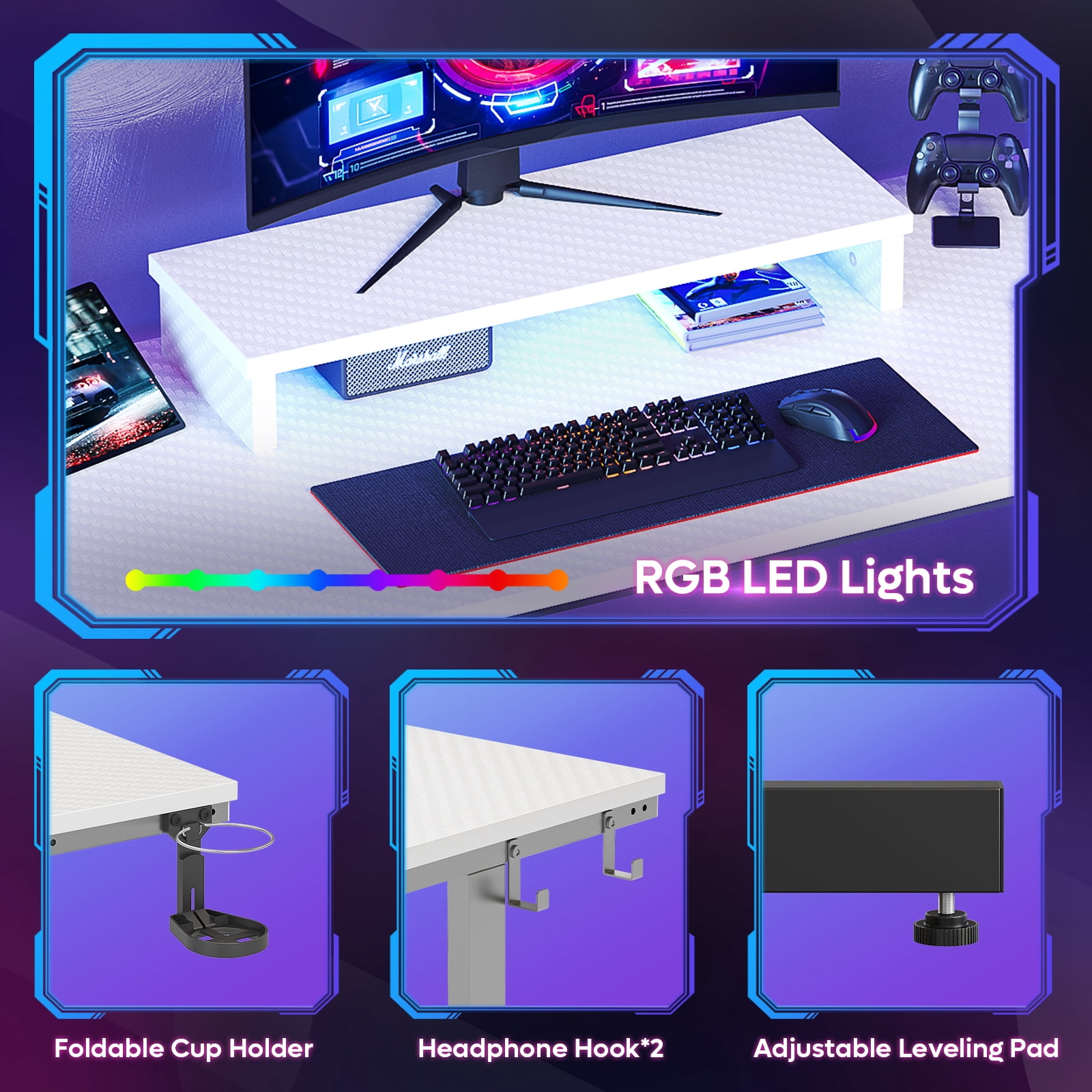 Bestier 42 inch LED Gaming Desk with Monitor Stand PC Computer Gamer Home Office Table in White