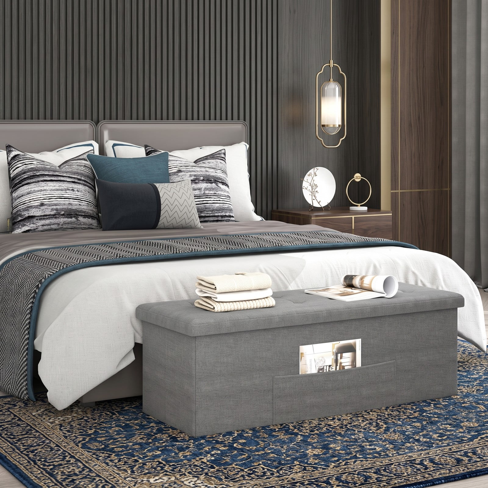 Furnibear 43 Inch Folding Linen Storage Ottoman Bench with Padded Seat and Divider for Living Room, Bedroom and Entryway, Dark Gray