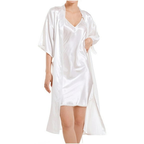 ylioge Womens Pajama Sets 2 Piece Satin Robes and Nightgowns Set Ladies Lightweight Solid Color 3/4 Sleeve Bathrobes Sleeveless Nightgowns