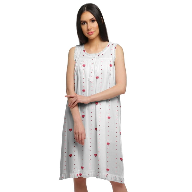 Moomaya Robe de Nuit Trapèze pour Femme à Col Rond Sans Manches en Coton Imprimé