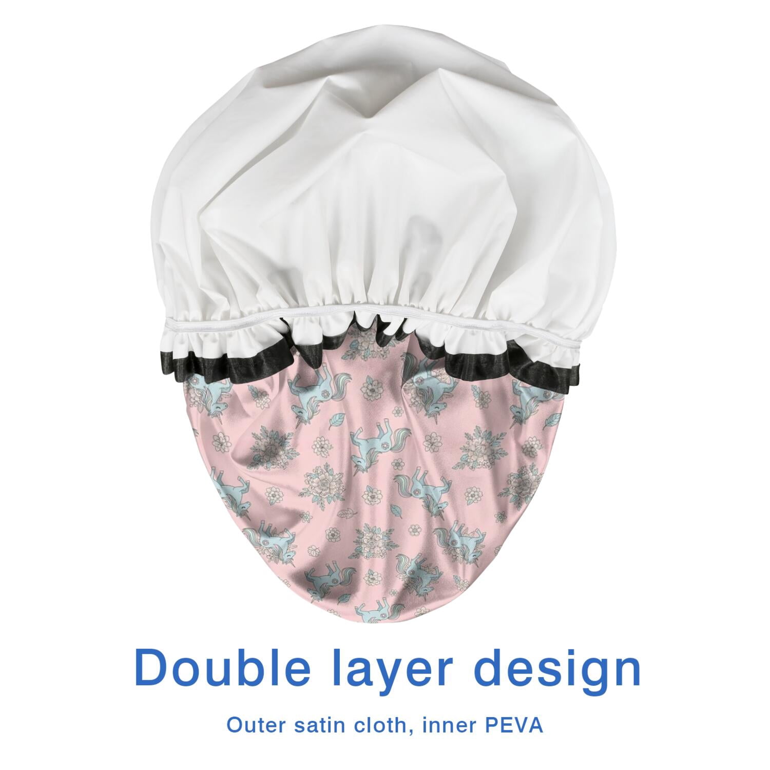 Shower Caps,Pink Cartoon Unicorn Flower Pattern Waterproof Shower Cap for Women 4 Pieces,Double Reusable Hair Cover for Shower PEVA Elastic Stretch Hem