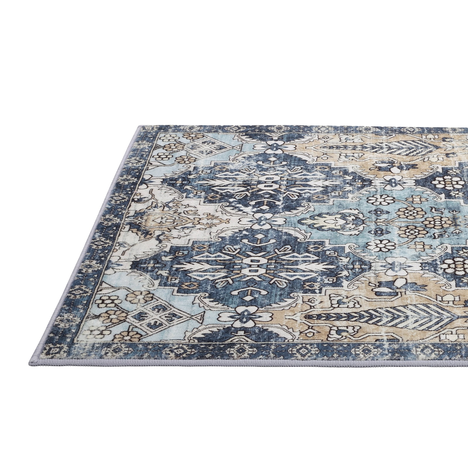 MeyJey 2'x6' Vintage Hallway Runner Rug, Oriental Non Slip Runner Rug Machine Washable Area Rug for Living Room Bedroom Carpet, Blue/Navy/Beige