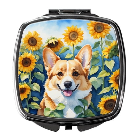 Corgi in Sunflowers Compact Mirror 2.75 in x 3 in