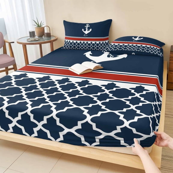 Cal.King Size Fitted Sheet Set - Navy Blue Anchor 3 Piece Bedding Sets 16" Deep Pocket Fitted Sheet with 2 Pillowcases, Nautical Ocean Retro Striped Geometric Brushed Microfiber Luxury Bed Sheets