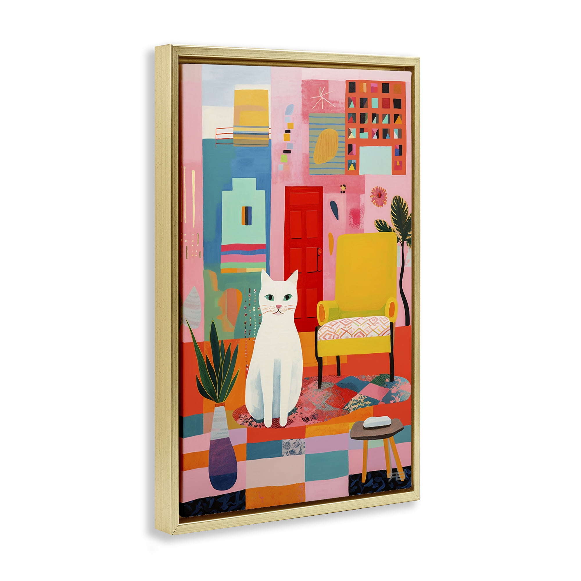 Stupell Industries Cat & Eclectic Design Animals & Insects Painting Gold Floater Framed Canvas Art Print Wall Art, 17 x 25
